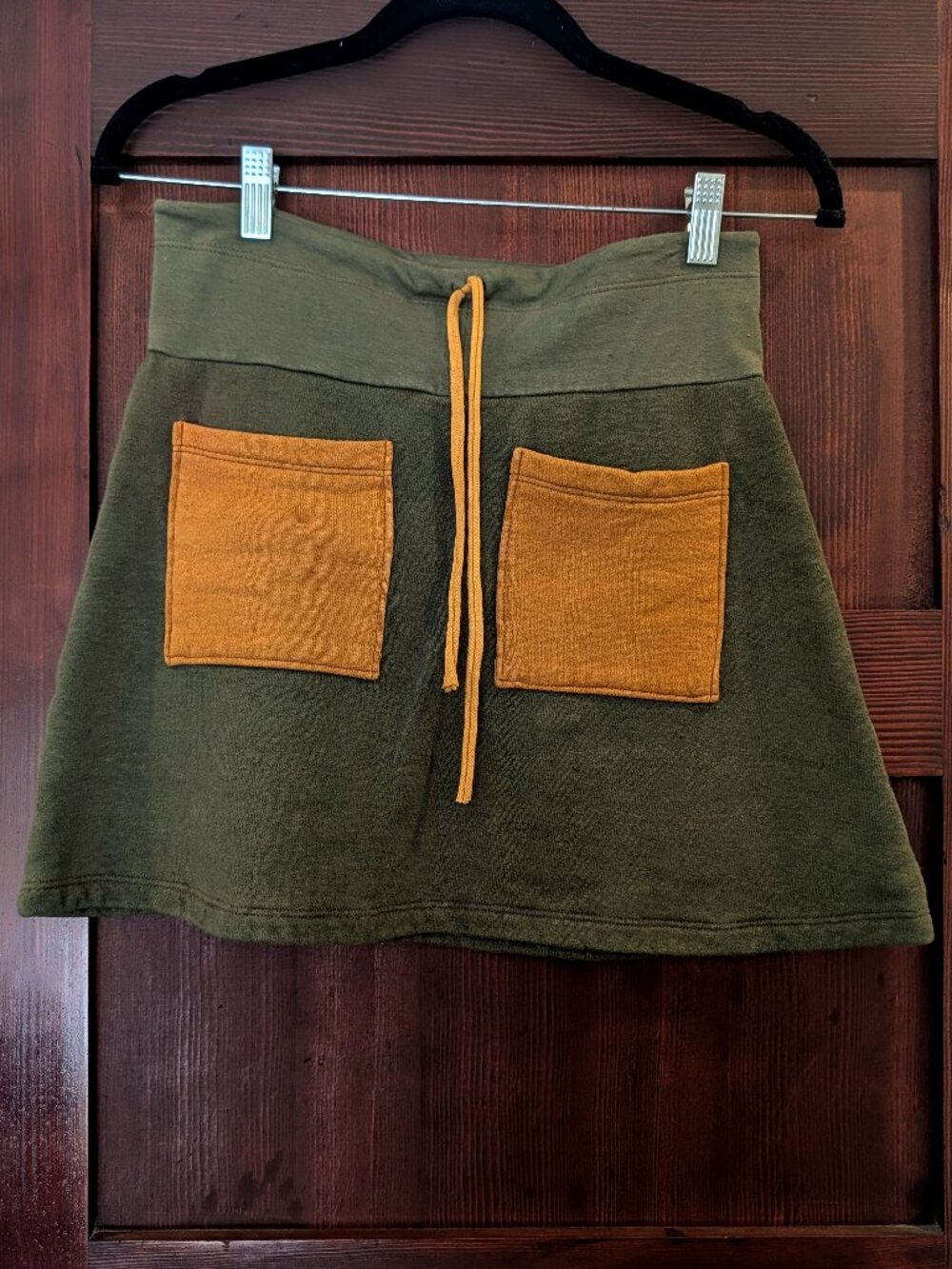 Small Moss & Squash One-of-a-Kind Bohemian Folk Fleece Mini Skirt Front Pockets